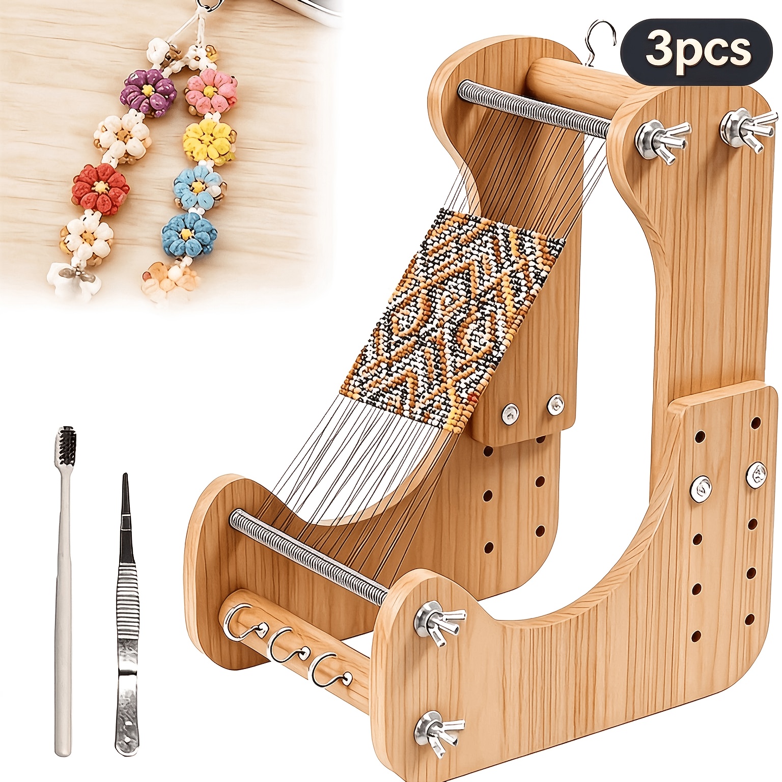 TEMU Adjustable Wooden Bead Loom 3pcs Set, Vertical Adjustable Beading Loom, Supports Multi-gear Length Setting; Ergonomic Tilt Design; With Tweezers