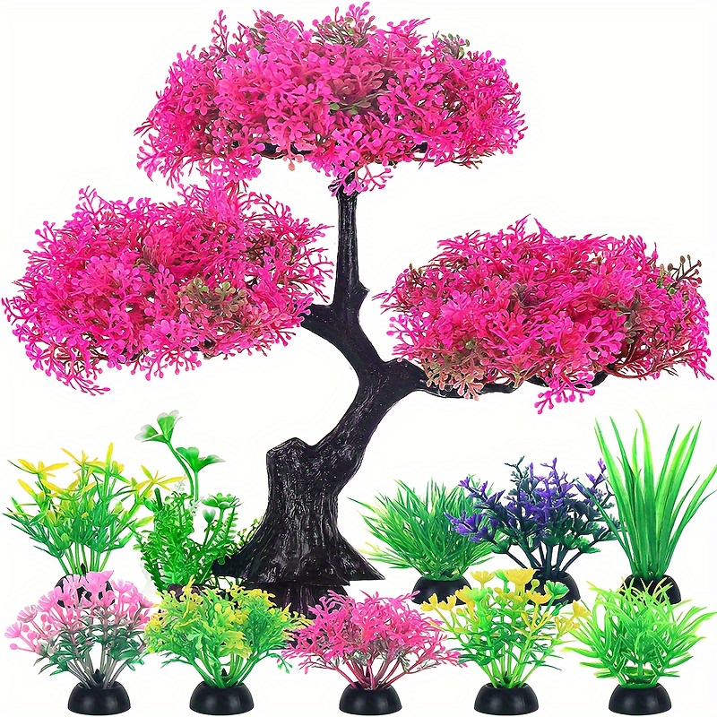 

10pcs Cherry Blossom Tree & Grass Set, Artificial Plastic Aquarium Plants Decor, Vibrant Fish Tank Decoration, Safe For Betta, Aquarium Accessories With Weighted Base