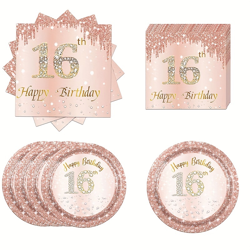 

40-piece Rose Golden & Pink 16th Birthday Party Set - Diamond Theme Celebration Supplies With Plates, Napkins & Decorations For Girls