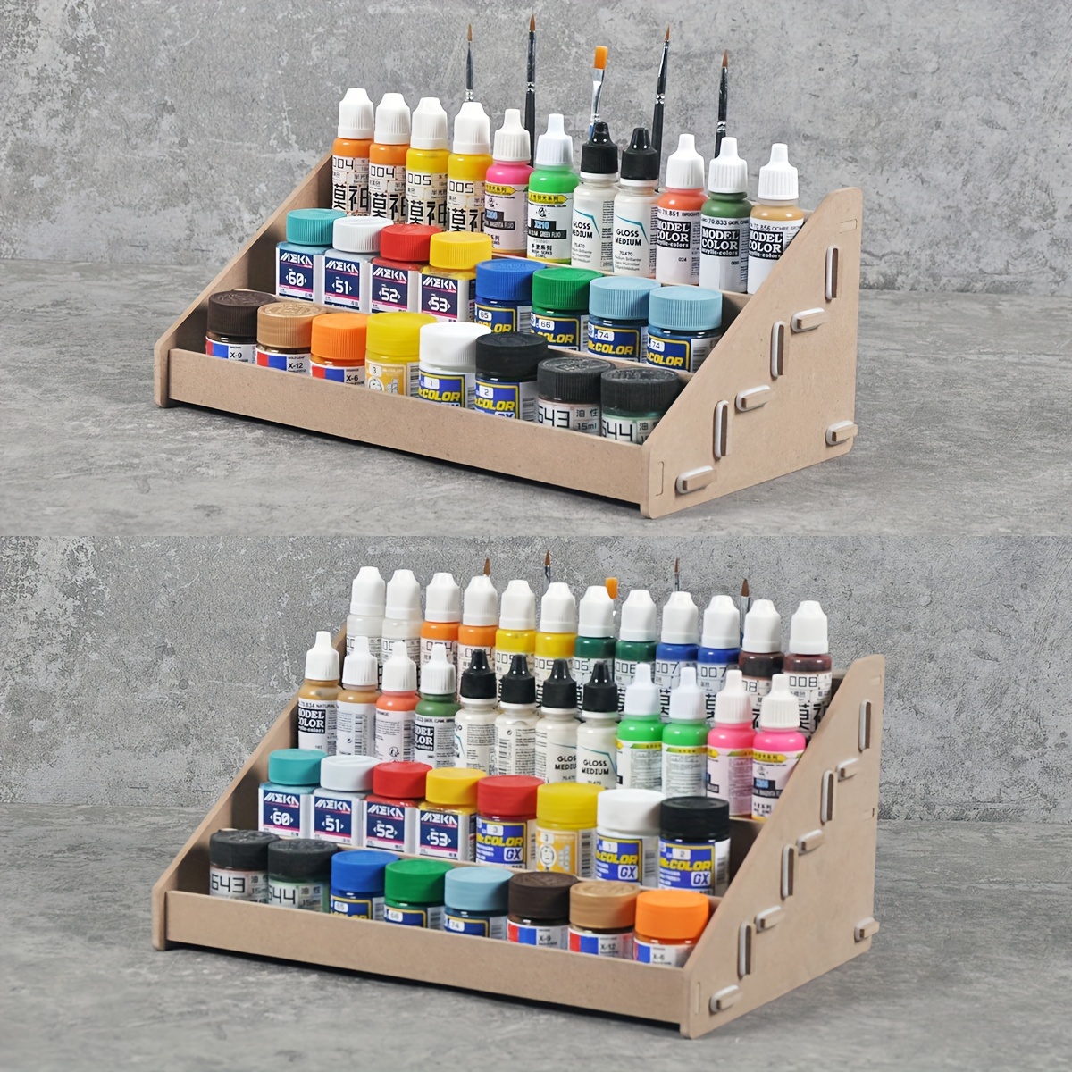 

Model Kit Paint Organizer Storage Rack - 3 Tier Wooden Modular Holder For Water-based Paints And Modeling Tools - 14+ Age Group