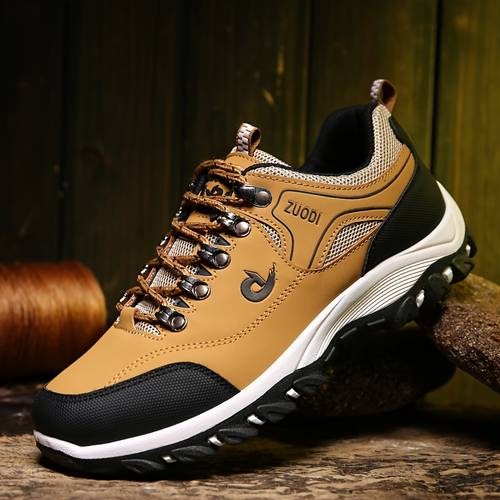 mens breathable lace up hiking sneakers non slip durable pu upper eva insole yellow black low top casual shoes for