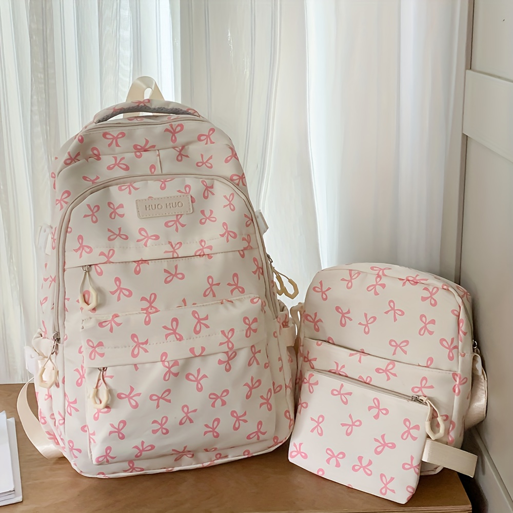 TEMU Women Bag Set, All Over Bow Print Backpack 3pcs Set Nylon Casual Daypack Matching Crossbody Pouch Coin Purse Large Capacity Multi Compartment