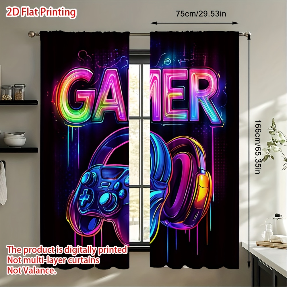 TEMU 2d Flat, 2pcs Gamer Curtains - Neon Gaming Decor With Headphones & Controllers, Semi-sheer Window Drapes For Gaming Room, Home Office, Bedroom -
