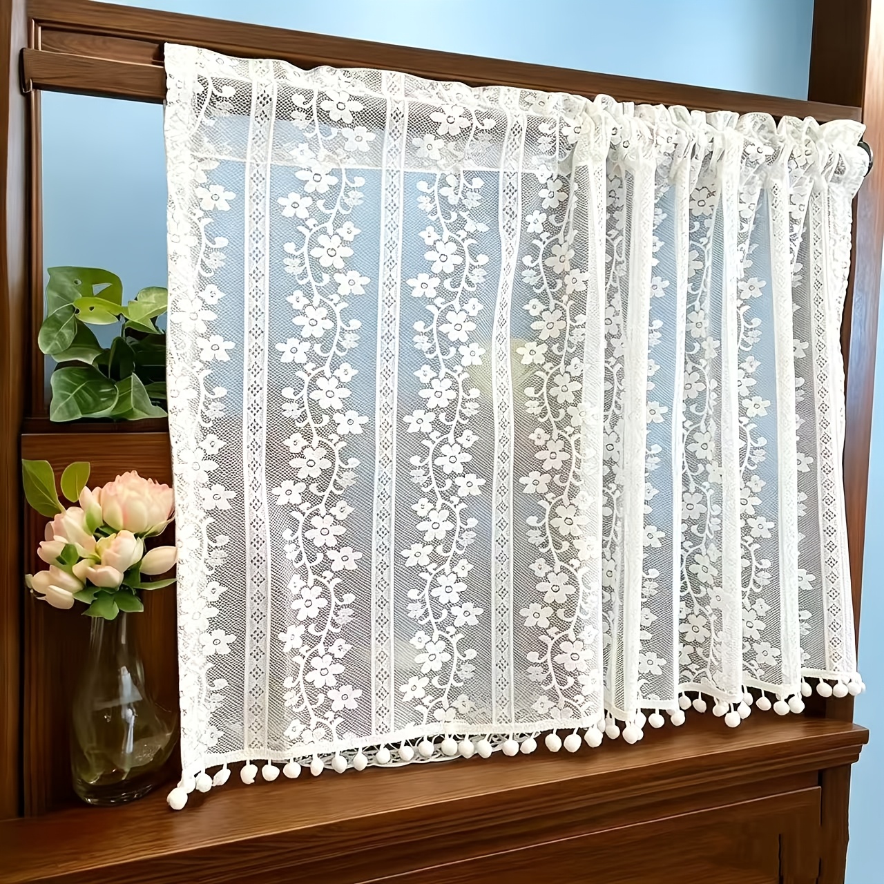1pc of white french style vintage embroidered lace sheer curtain a small sized caf curtain suitable for dining rooms kitchens cloakrooms storage cabinets summer sun protection and privacy screening this short curtain is a decorative sheer