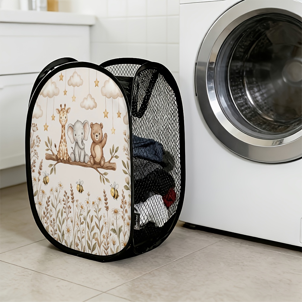 TEMU 1pc Watercolor Nursery Illustration Pop-up Laundry Basket, Animals On Branch Pattern, Collapsible Space- Mesh Hamper, Perfect For Organizing,
