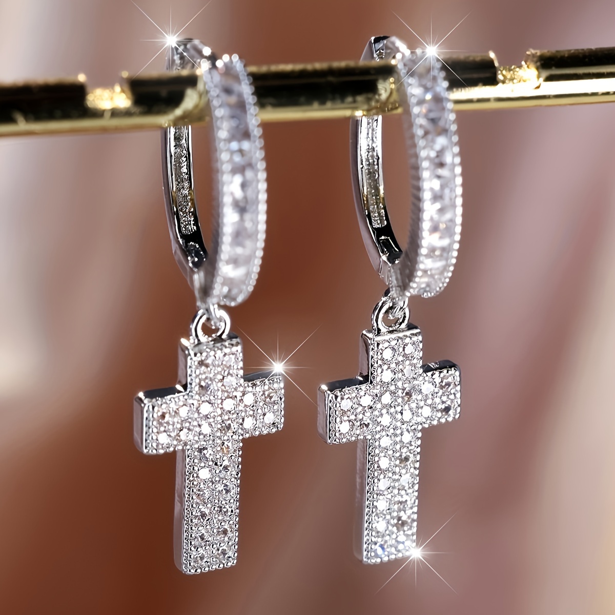 Image of 2pcs Elegant Exquisite Double Row White Synthetic Synthetic Synthetic Zircon​​ Cross Synthetic Synthetic Synthetic Zircon​​ Hoop Earrings