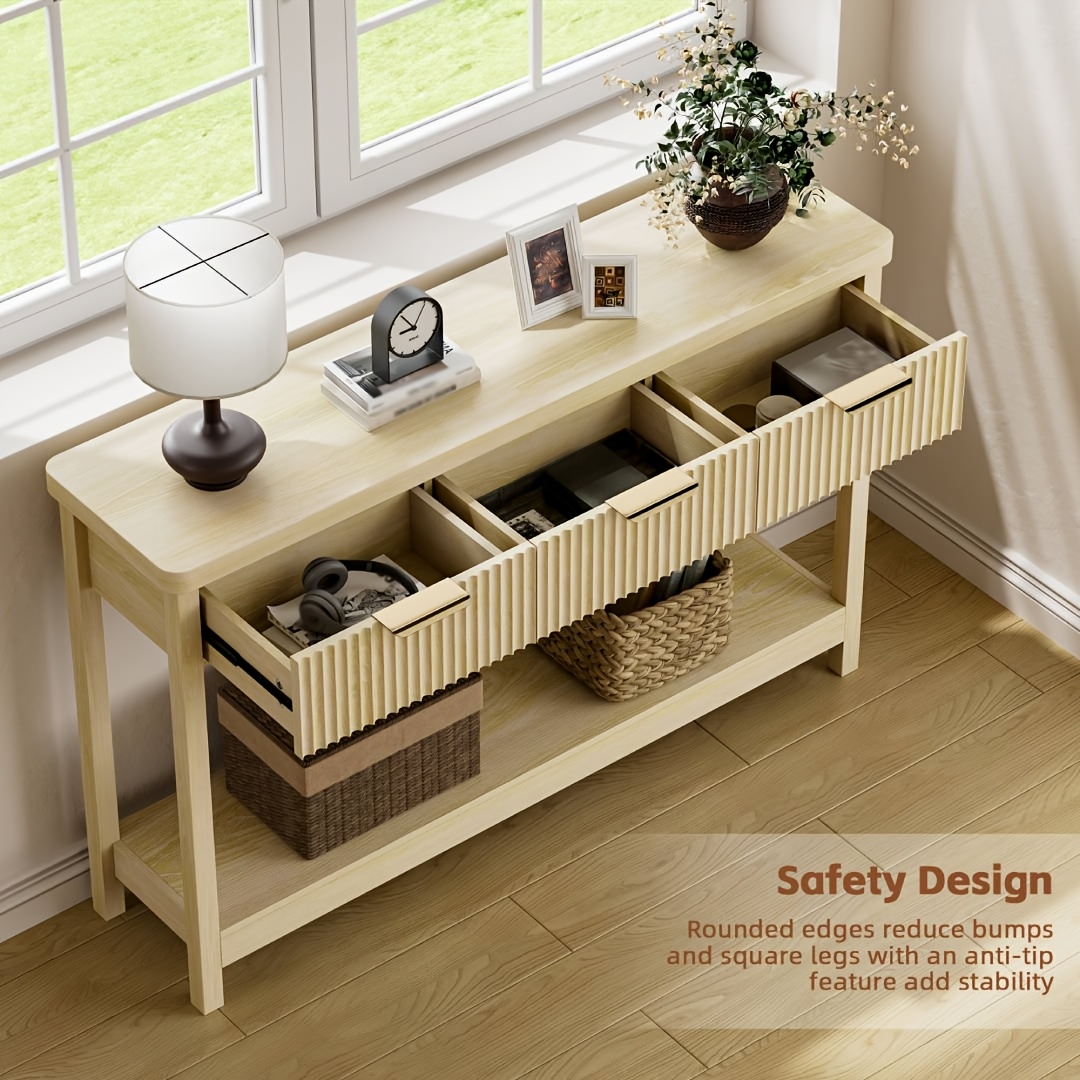 51 IN Fluted Console Table with 3 Drawers, Modern Entryway Table with Metal Handles, Sturdy Solid Wood Design, Hallway Table with Storage, for Living Room And Hallway