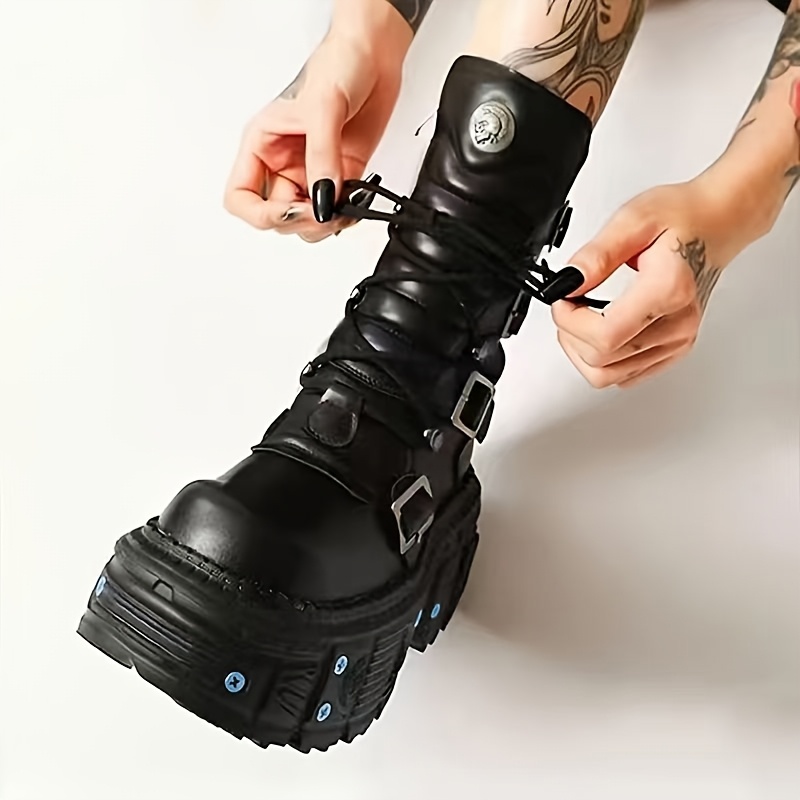 TEMU 9# Ladies' New Dark Punk Metal Thick Soled Lace Up Midsole Boots Gothic Women's Boots Thick Soled Lace Up Midsole Boots, Women Shoes