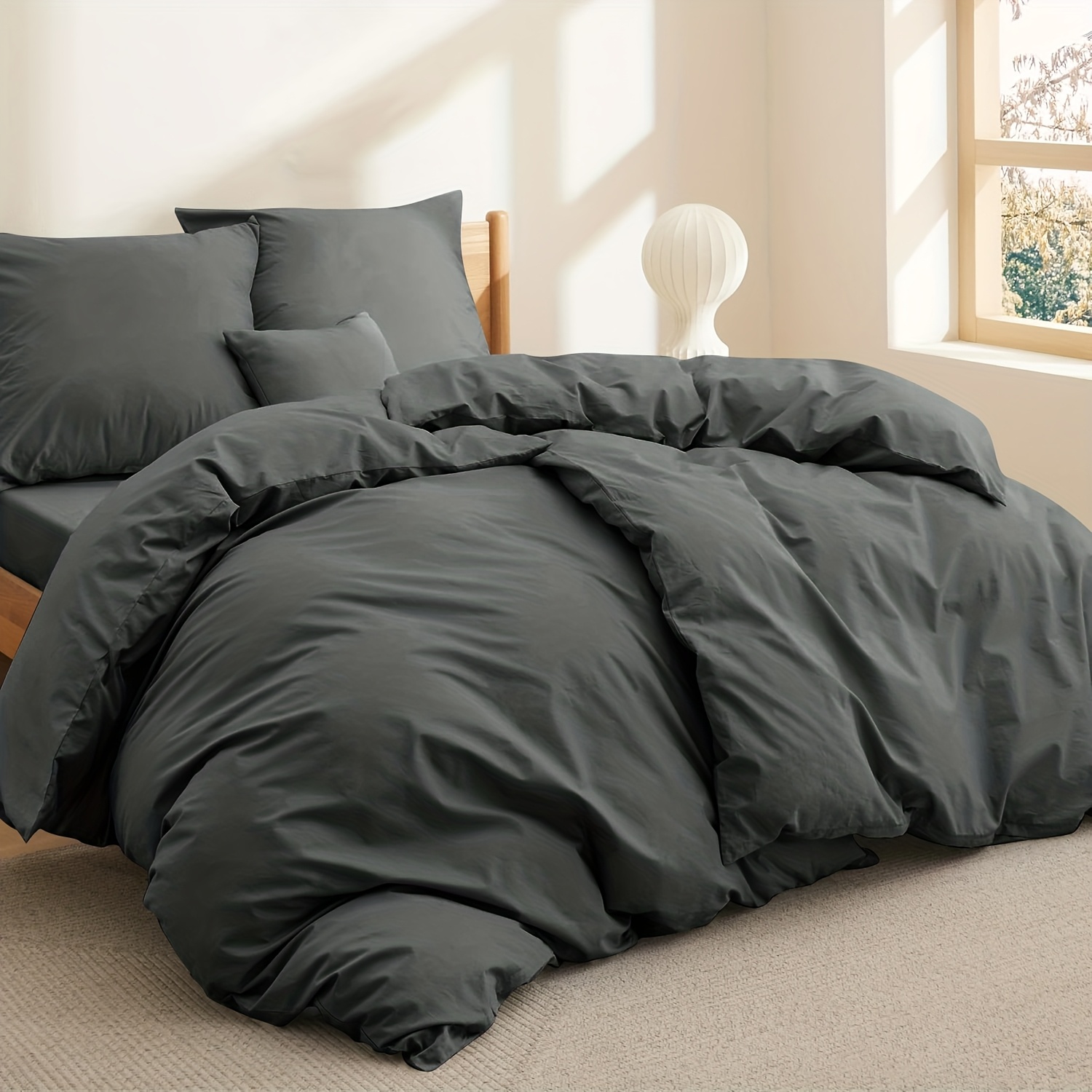 E-shop 3-teiliges Bettbezug-Set aus Vollpolyester (1 Bettbezug, 1/2 Kissenbezüge, ohne Bettdeckenfüllung), einfarbig, genäht, minimalistisch,