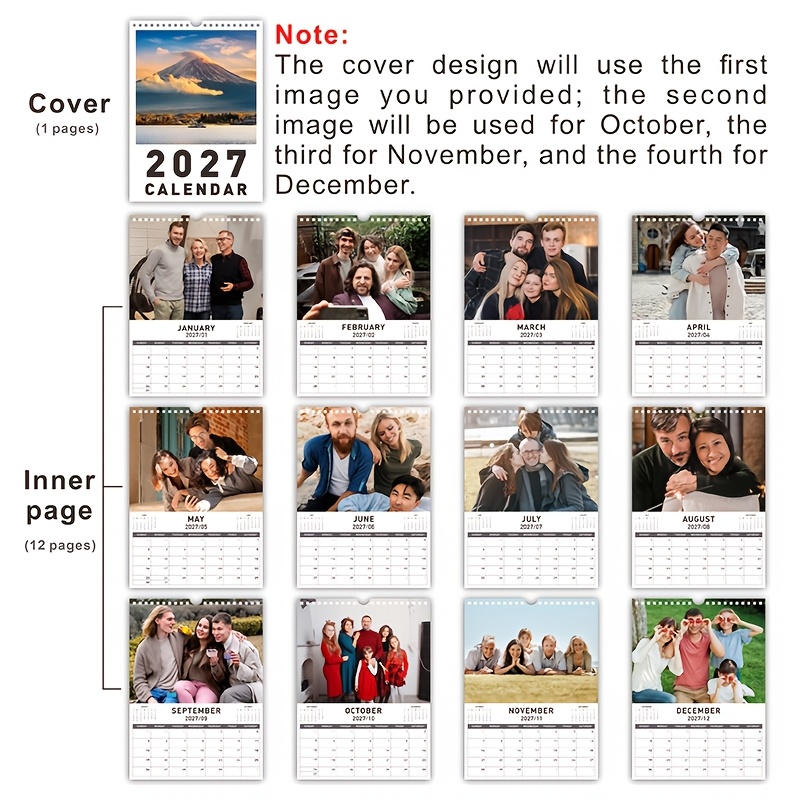 TEMU Calendario da parete personalizzato 2027 11X8 pollici con gancio, calendario planner mensile spessa, souvenir personalizzato, regalo di Natale,