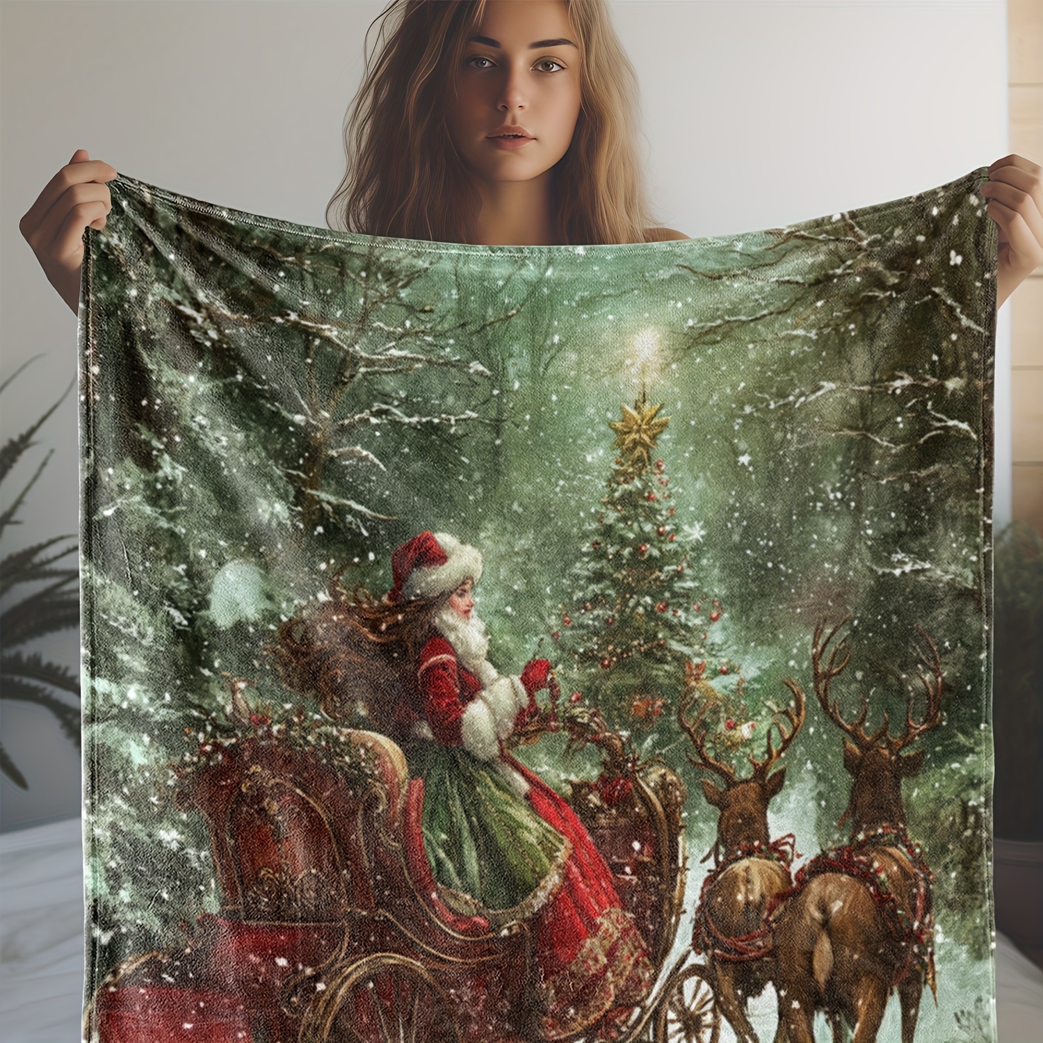 

1pc Vintage Christmas Flannel Throw Blanket, Santa Sled With Reindeer Print, Soft Warm Cozy Blanket For Sofa, Bed, Car, Office, Camping, All-season Gift, Digital Print, Polyester, Knitted, 250-300g