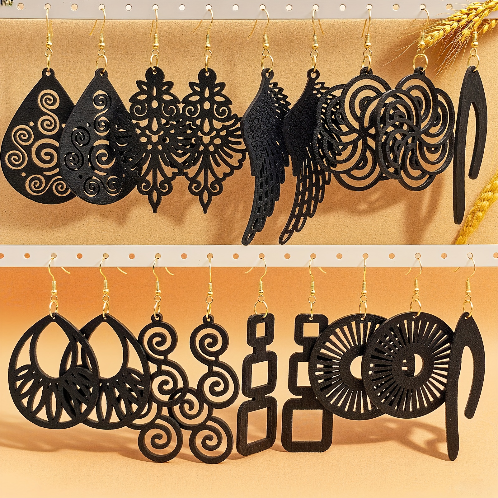 TEMU 9 Pairs Of Hollow Art Wooden Earrings, Retro Design For Autumn And Winter Daily Wear And Party Gatherings, Women's Earrings Jewelry Gift, ,