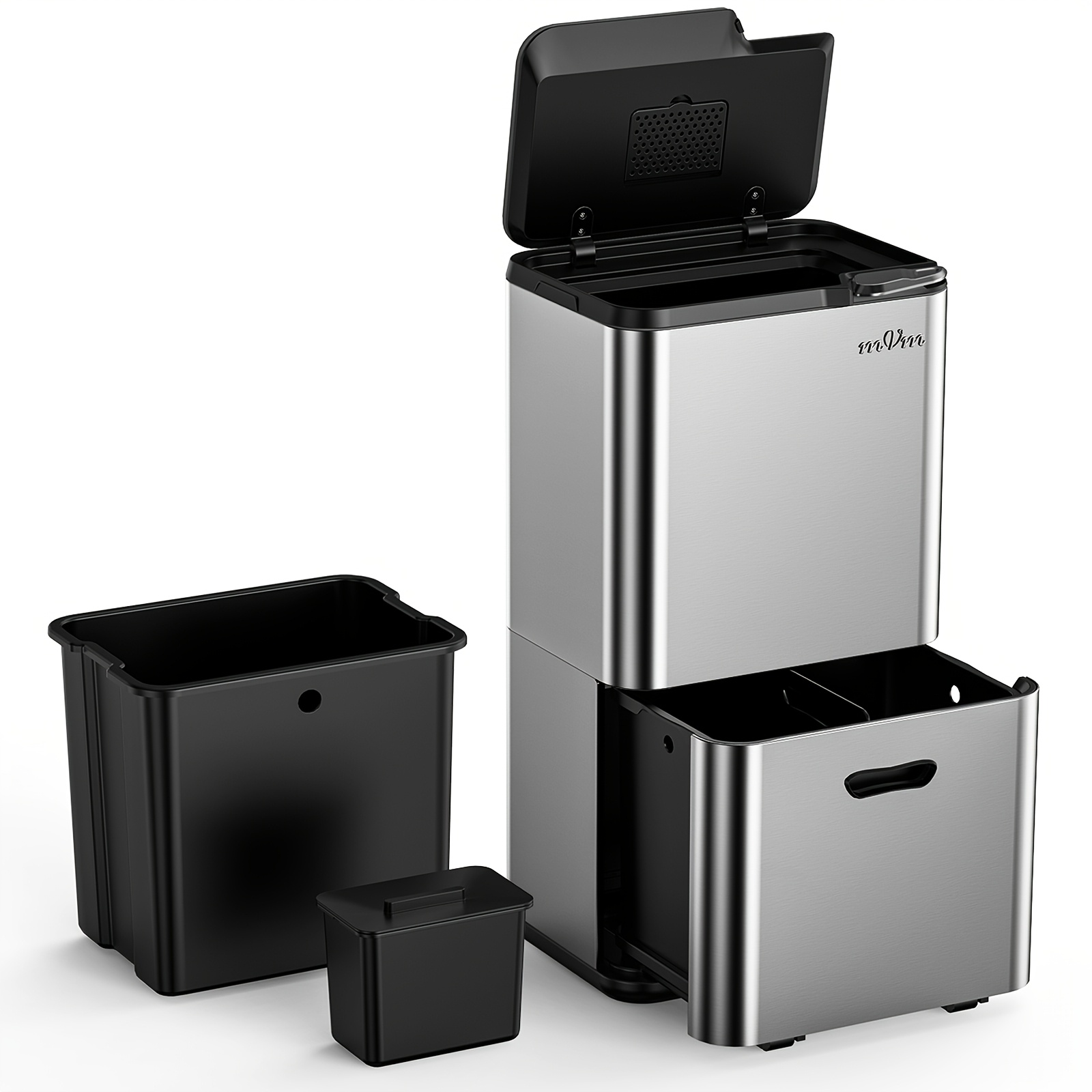 Mvm 63l Stainless Steel 3-compartment Trash Bin | Drawer + Button Pedal 2 Switching | & | 3 Removable Buckets | & Rustproof | Suitable For Kitchen/office Waste Recycling