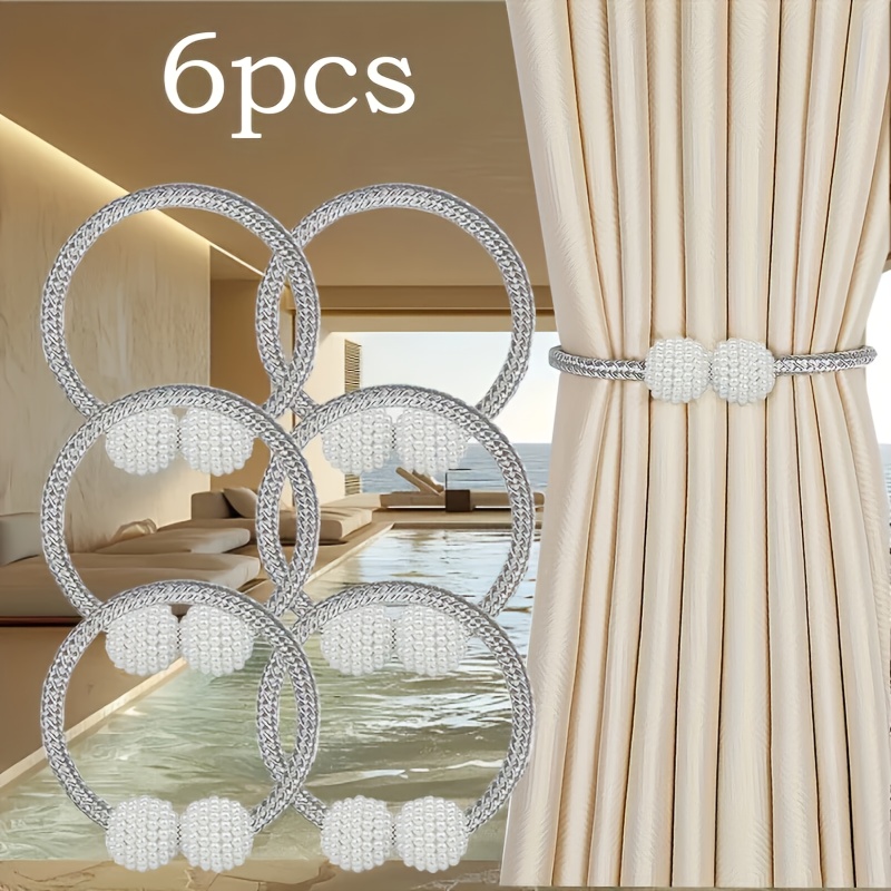 TEMU Retro Style Pearl Curtain Tiebacks, Plastic Woven Design Press Button Curtain Cord Closure Belt, To Drill Holes, , Fashionable Bedroom, Living Room Home Decor Curtain Clips - Space Saving