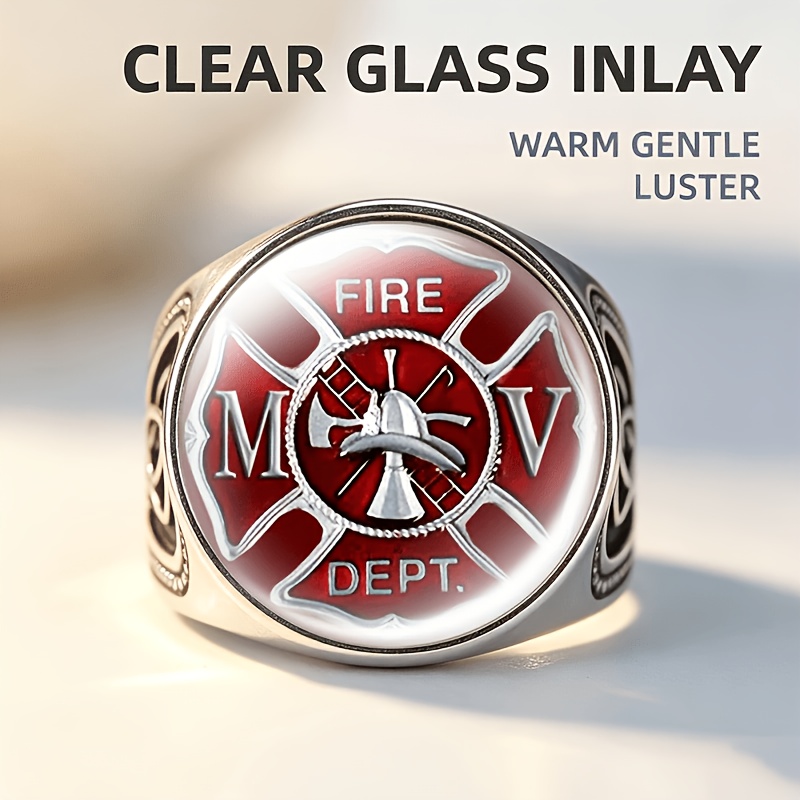 TEMU 1pc Classic Side-engraved , Featuring A Red Circular Badge With A Silvery Fire Axe And Helmet Pattern In , Surrounded By The "firemvdept" Text