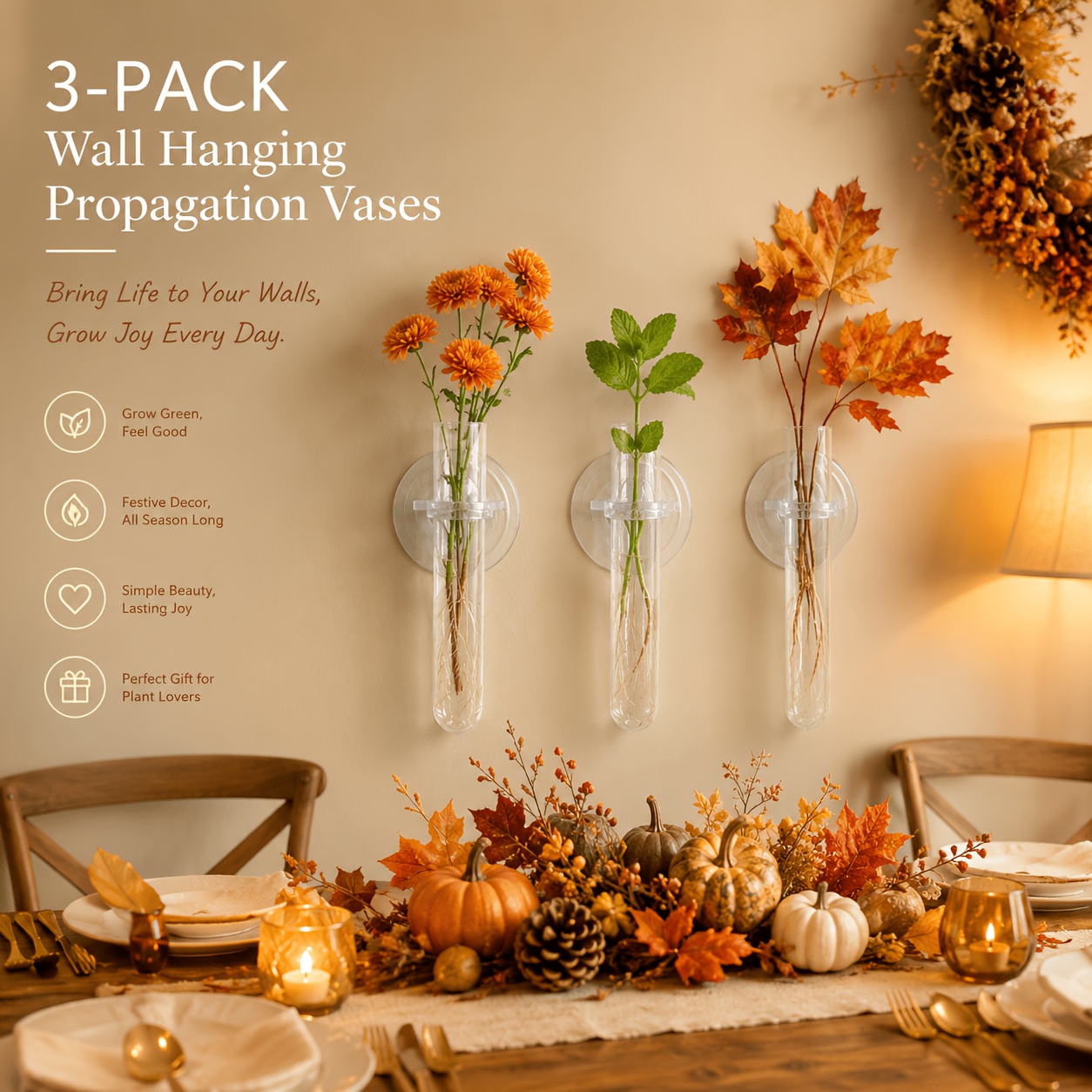 TEMU Lot de 3 tubes à fleurs hydroponiques muraux, ensemble de vases de propagation pour plantes à tige unique pour décoration murale intérieure,