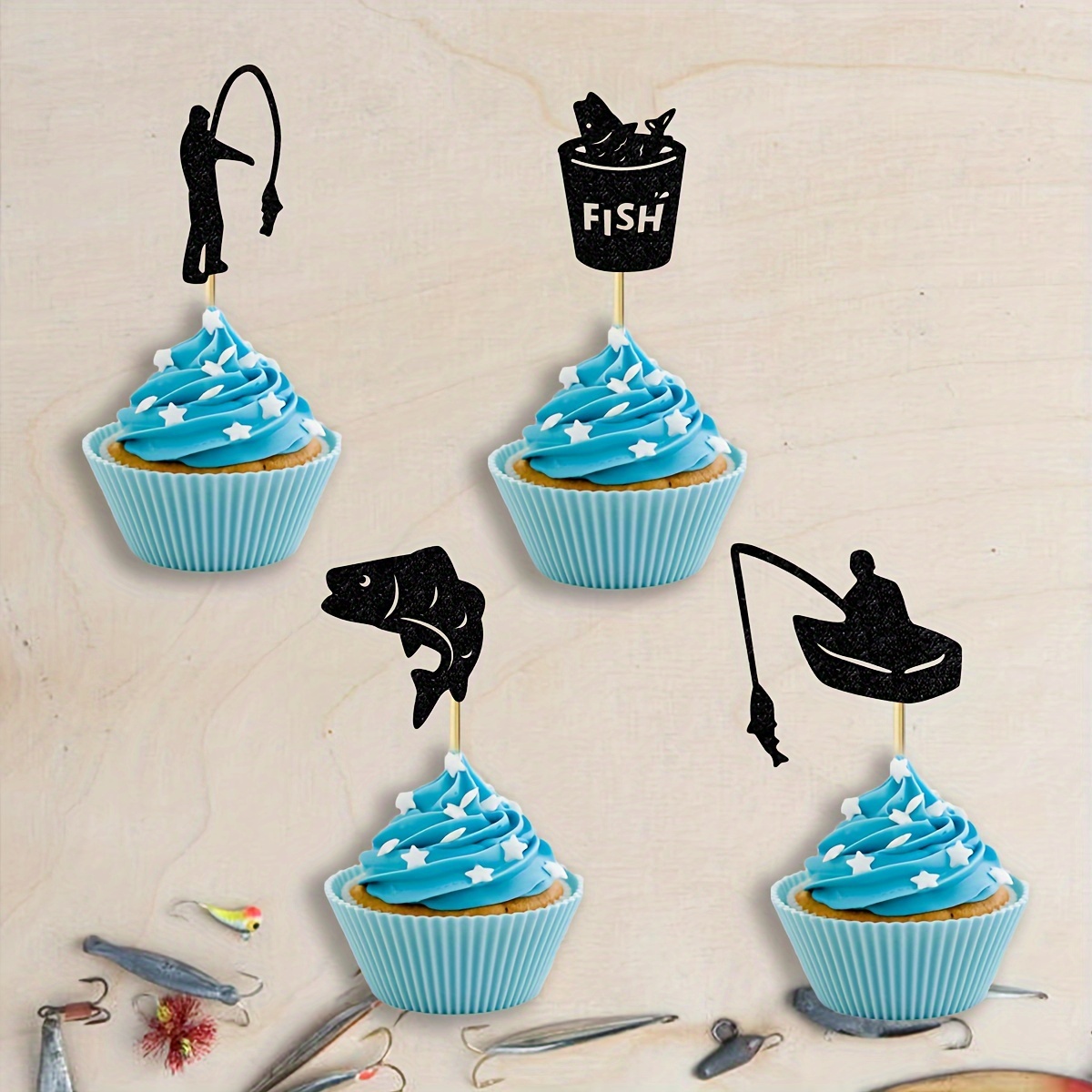 Fishing Birthday Party Decoration Includes 1 Fish Happy Birthday Banner, 1  Glitter Fish Sign Banner, 1 Big Cake Topper and 40 Cupcake Toppers for