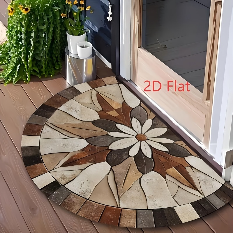 E-shop 2D Flach - 1 Stück Outdoor Holzbraun Halbrunde Willkommensmatte, Maschinenwaschbar, Geeignet für Küche, Bad, Wohnzimmer Eingang -
