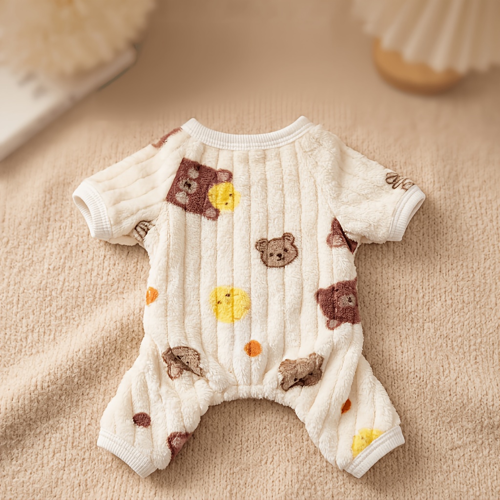 TEMU 1pc Coral Fleece Spring Autumn Style Chicken And Bear Print Pet Four-legged Sleepwear, Soft Flannel One-piece Suit, Button Design Warm Kitten ,