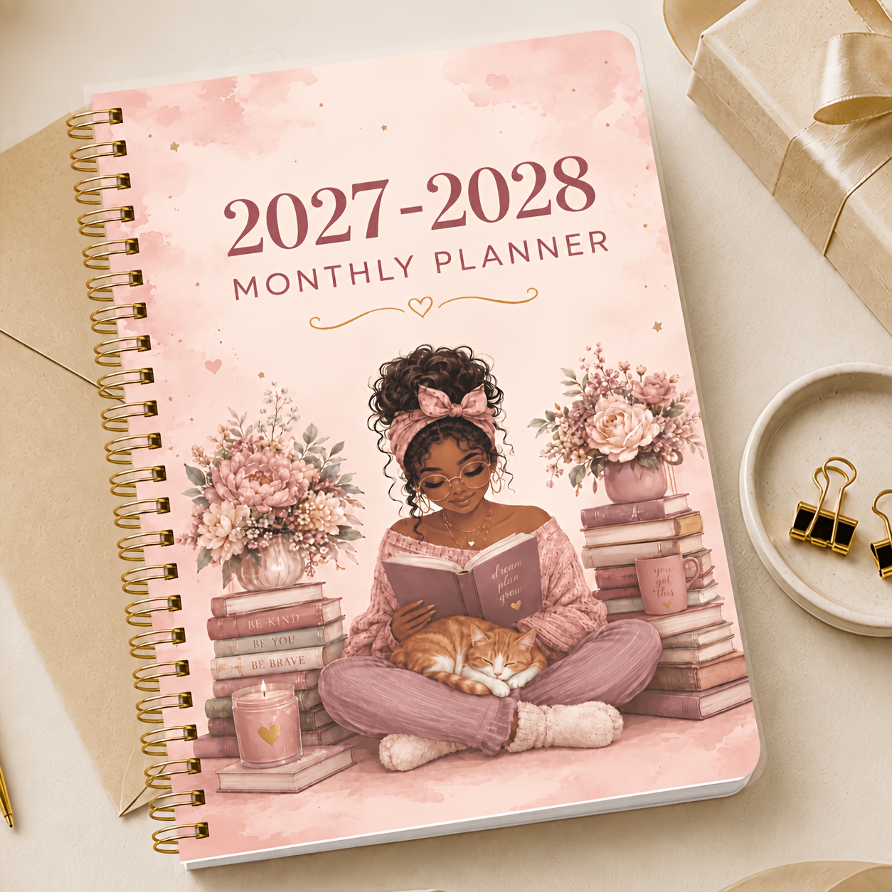 TEMU 24-month Monthly Planner A5 Spiral Bound, Jan 2027 To Dec 2028 Academic Calendar Book, Inspirational Reading Girl Cover, Monthly Pages, Notes