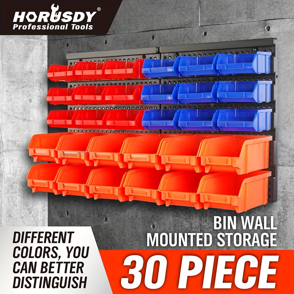

Horusdy Wall Mounted Storage Bins Parts Rack 4 Colors 30pcs Bin Organizer Garage Plastic Shop Tool, Garage Organizers And Storage, Blue, Orange, Red