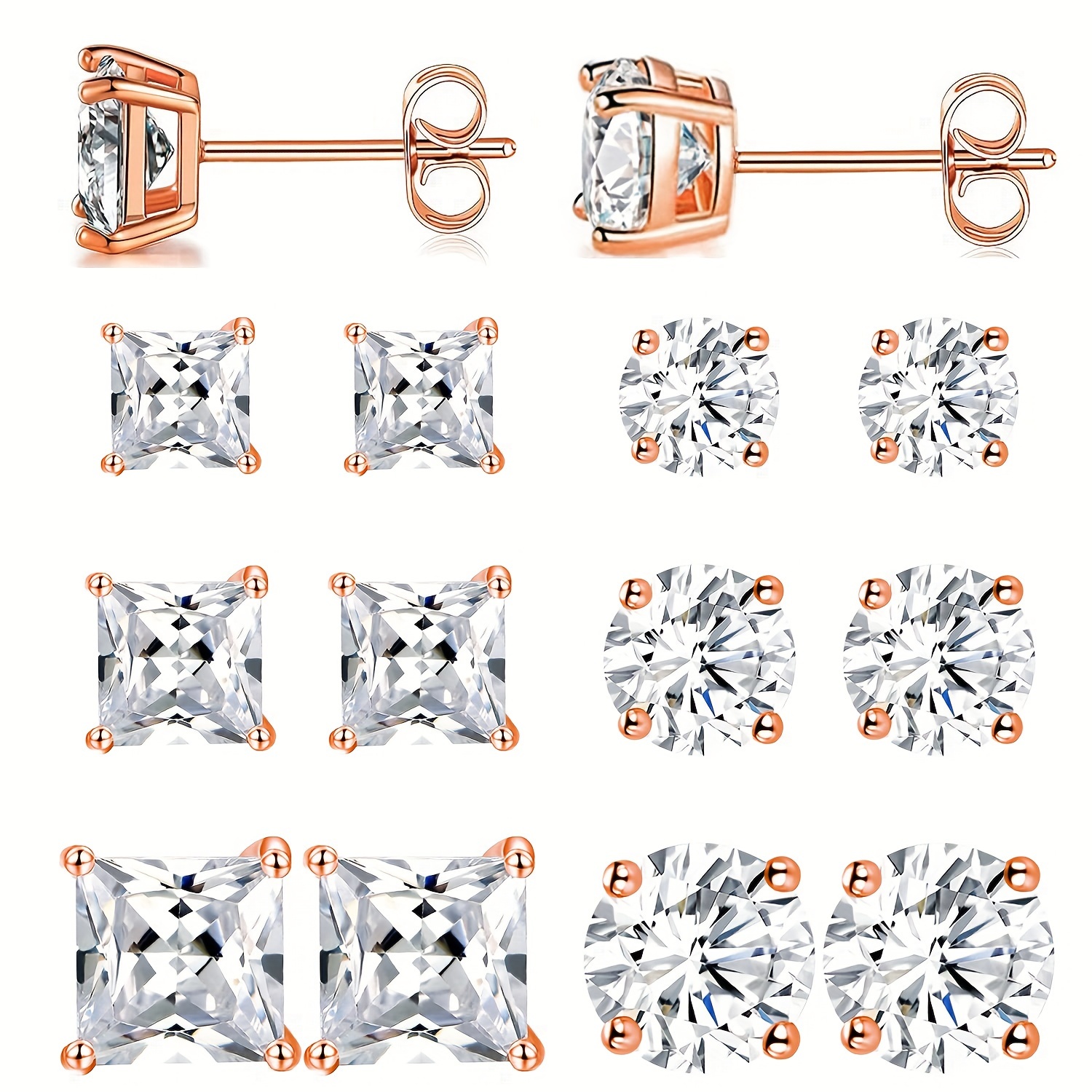 

Created Stud Earrings Set 3/5/7mm Square & Round Cubic Zirconia Earring Hypoallergenic Jewelry For Men 6 Pairs
