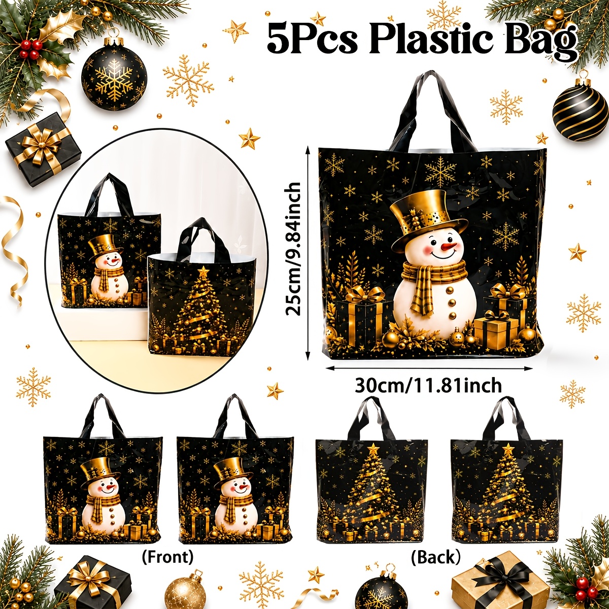 TEMU Lot de 5/10/25 Sacs Cadeaux de Noël Double Face Noirs et Dorés, Sapin et de Neige, pour Noël, Nouvel An, Fêtes, Fournitures de Fête, Événements