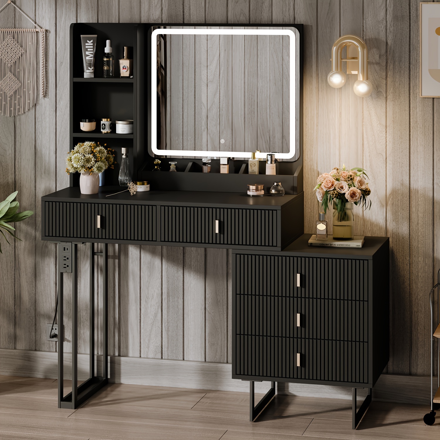 

Vanity Desk With Led Lighted Mirror & Power Outlet, Makeup Table With Drawers & Cabinet, Storage Stool, For Bedroom, Black