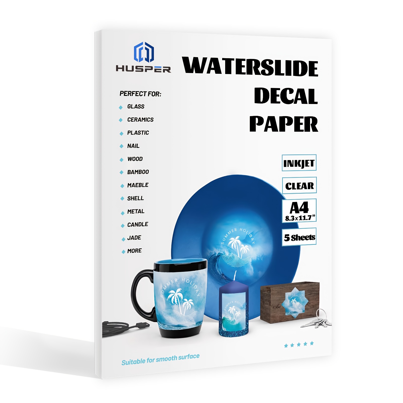 Image of Glossy Waterslide Decal Paper For Inkjet Printer - Clear, 5 Sheets, A4 (8.3×11.7 Inch), Clear Water Slide Transfer Printable Paper - For Ceramic, Glass, Mugs, Inkjet Print Only