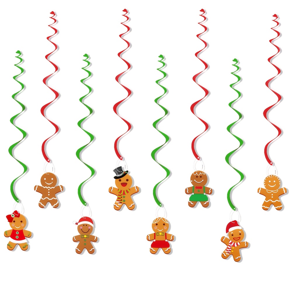 TEMU 16pcs Christmas Gingerbread Hanging Swirl Decorations, Red And Green Streamers Foil Ceiling Spiral With Assorted Gingerbread Designs For