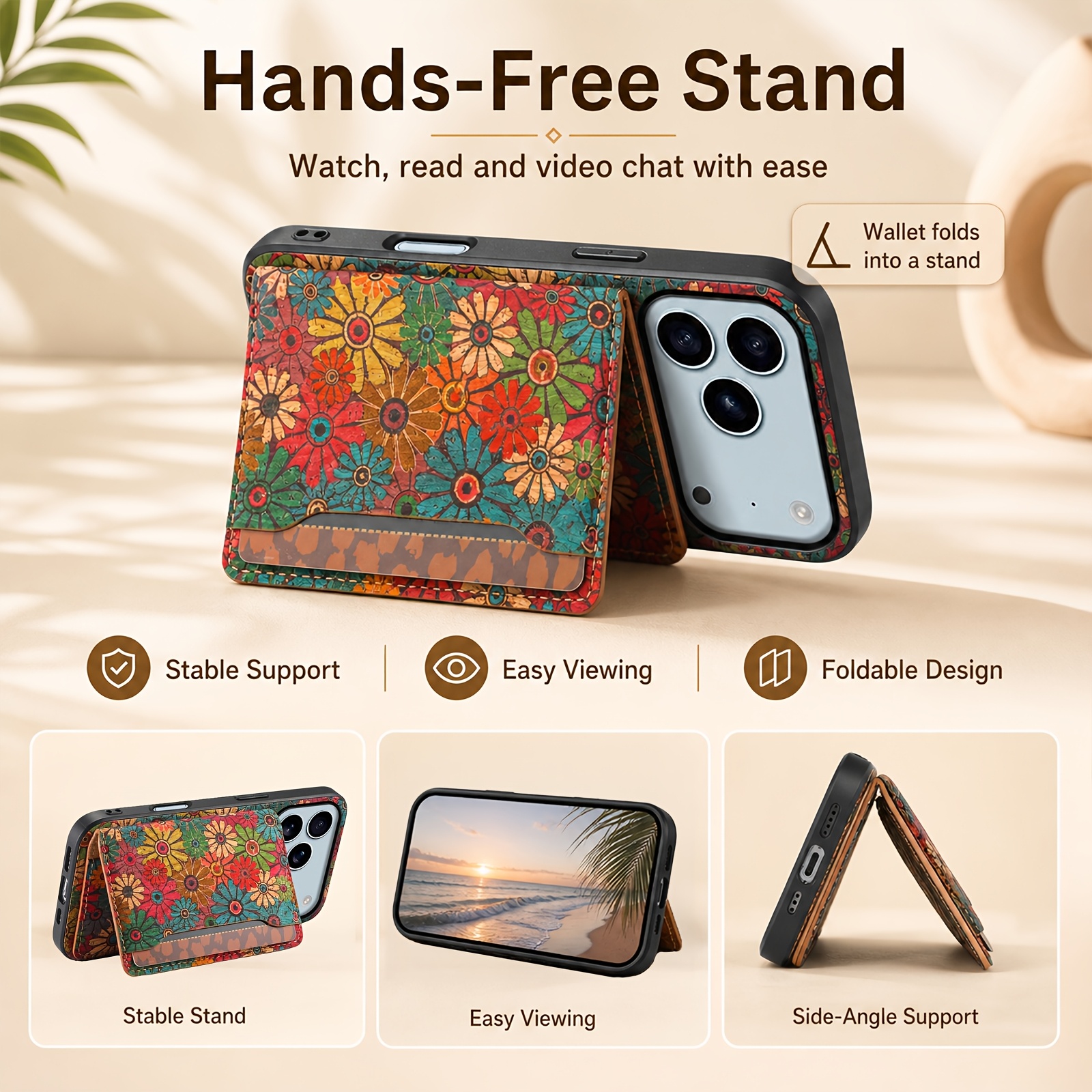 phone case   wallet phone case for iphone 17 to 12 series with a   card holder 3 cards increased camera protection floral printing cork material shockproof protection hand made high quality   for women and Product details 3