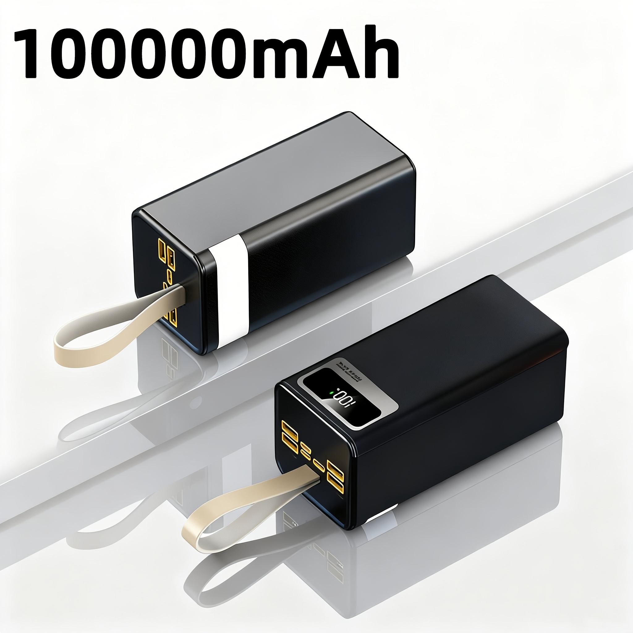 TEMU 100, 000mah Portable High-capacity Power Bank, Comes With A Lanyard/ Display/camping Light, Outdoor Emergency Battery Pack, Fast Usb Charging,