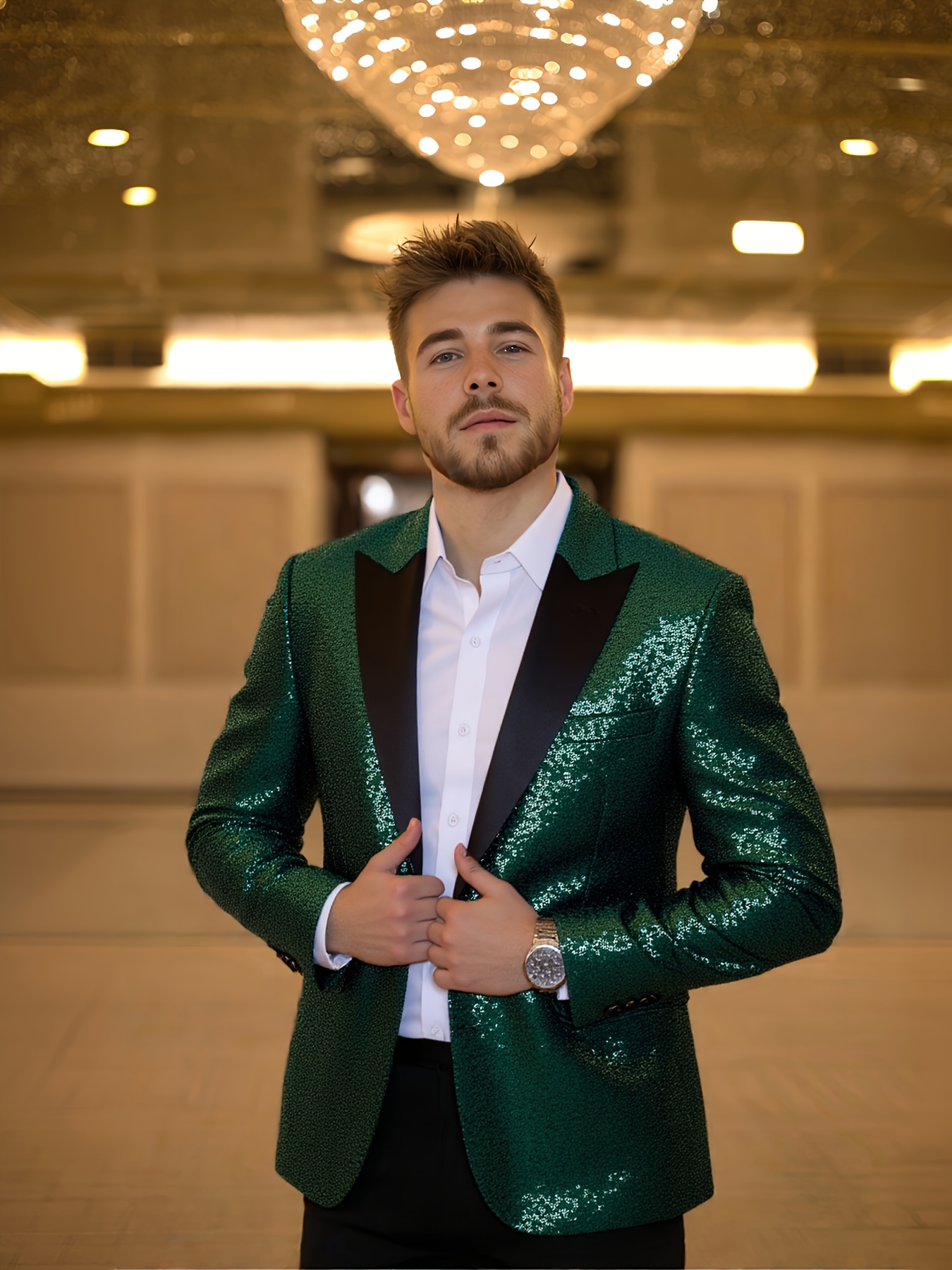 *'s Glittering Blue Sequin Stylish One-Button Suit Jacket for Parties,  Performances Formal Events, Polyester Fabric with