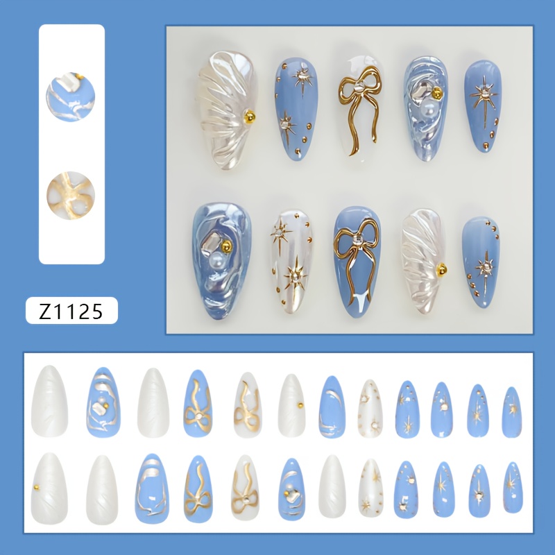E-shop 3D Marineblau Vergoldenete Schimmernde Strass Schleife Sternenhimmel Wellenmuster Temperament Western Abnehmbare Nagelsticker 24 Stück