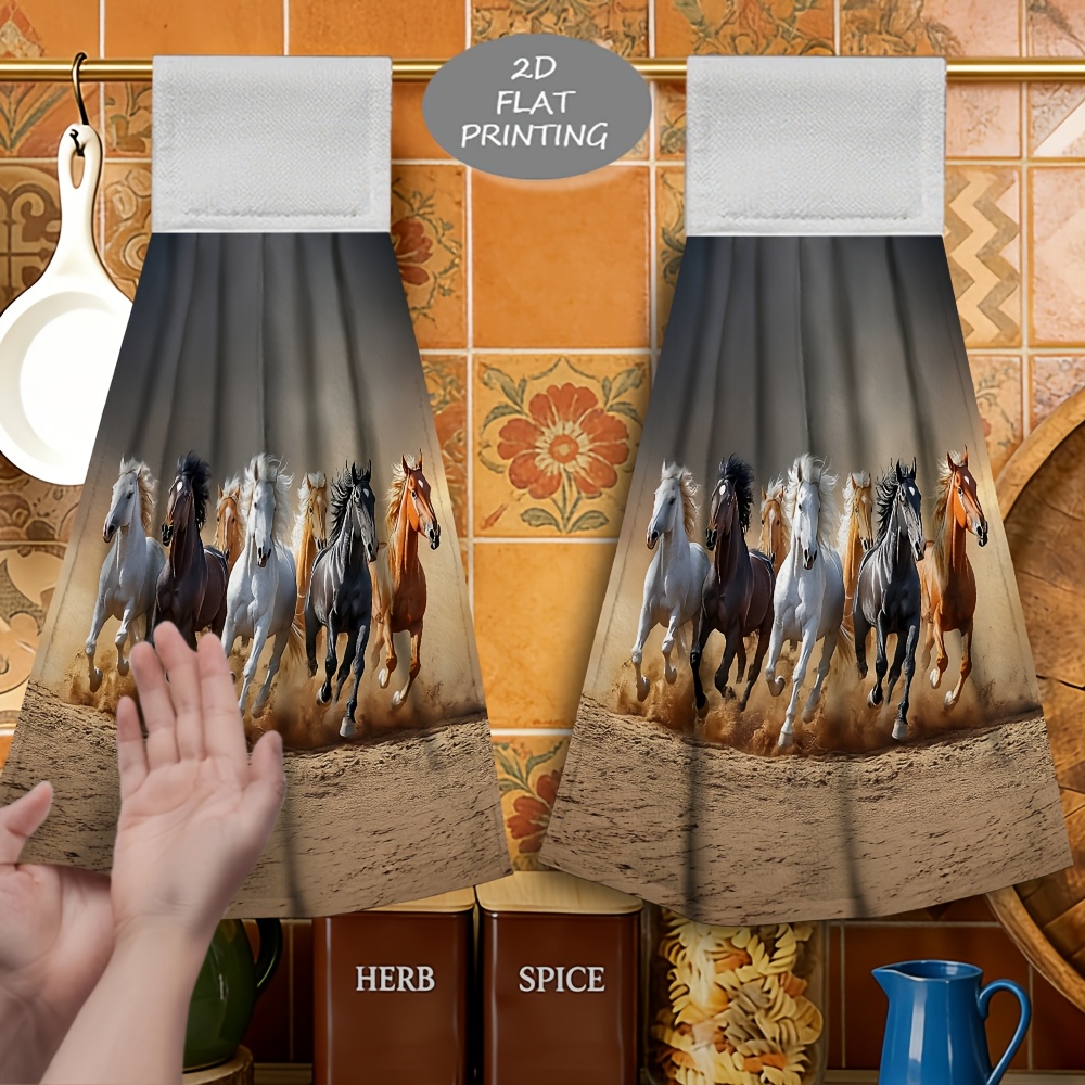 TEMU 2pcs Serviette Sèche-Mains Suspendue avec Motif Cheval Galopant, Serviette de Nettoyage, Matériau en Microfibre Douce, Forte Absorption d'Eau,