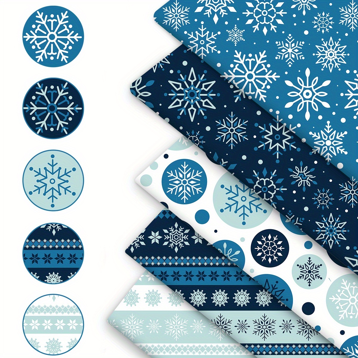 TEMU 5pcs 19.7x18 Inch (50x45cm) Winter Snowflake Series Polyester Fabric, Blue And White Gradient Snowflake Pattern With Dots And Stripes Jacquard,