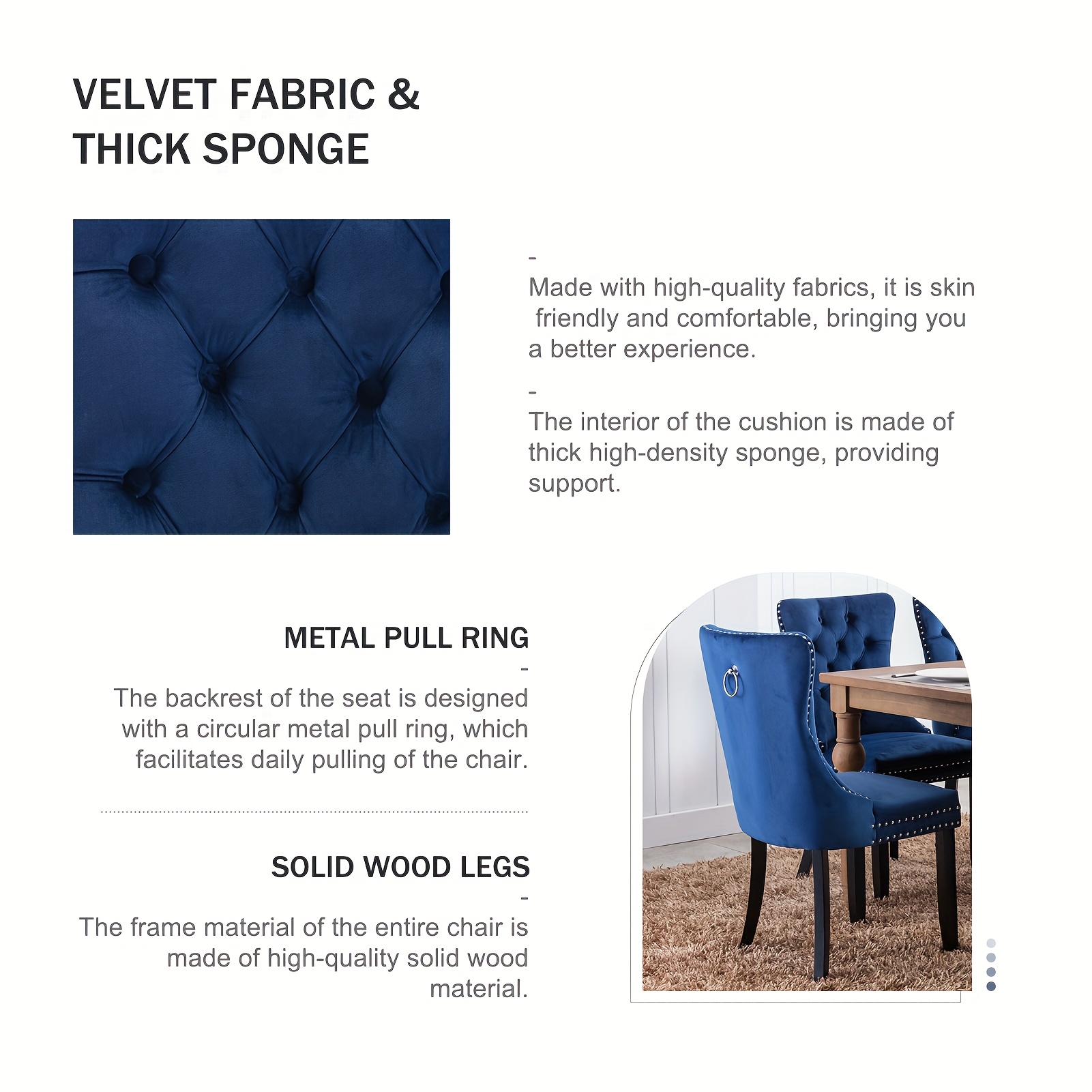 Velvet Upholstered Dining Chairs Set Of 2, Wingback Dining Room Chairs with Ring Pull Trim And Button Back, Luxury Tufted Dining Chair for Living Room, Bedroom, Kitchen