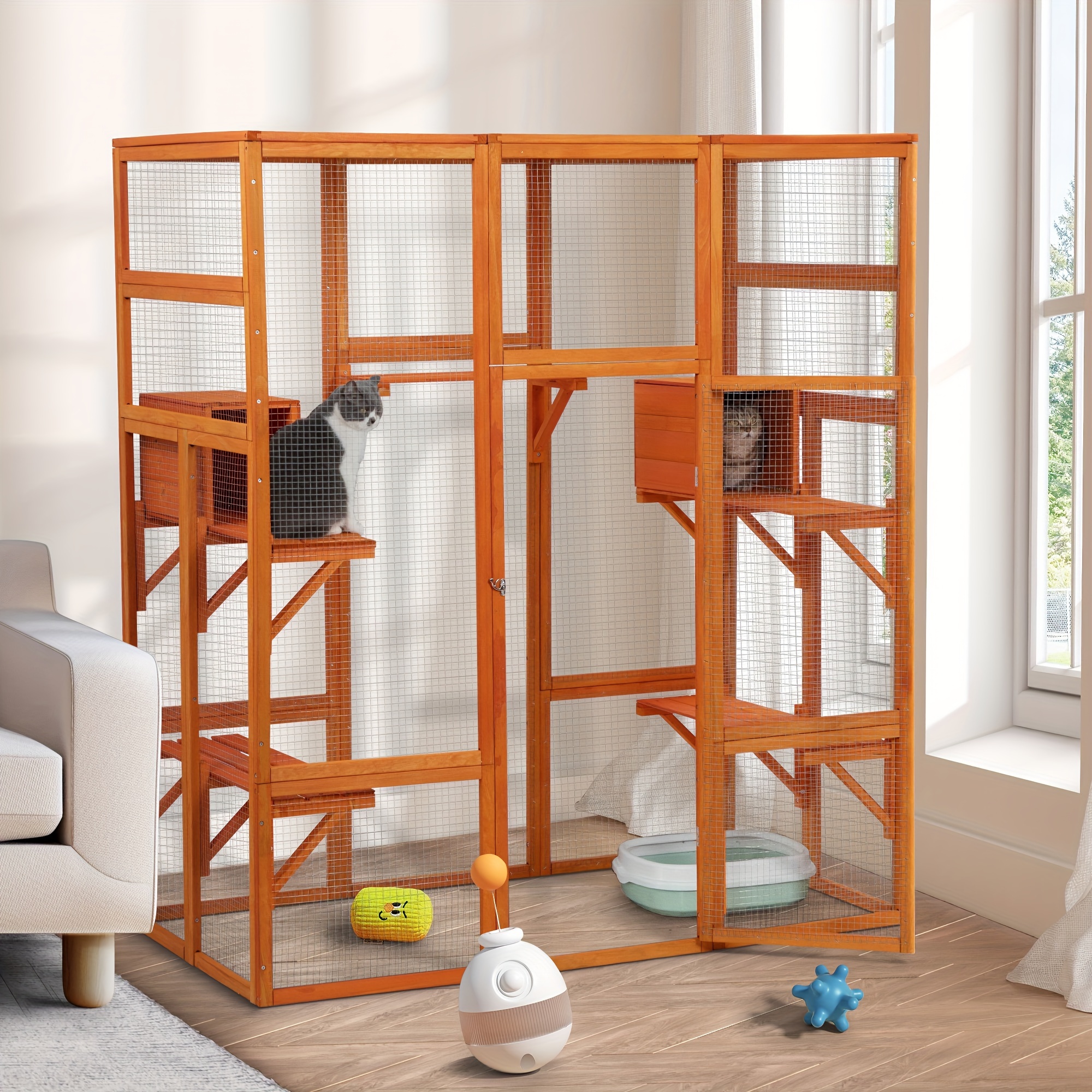 

Large Cat Enclosure With 5 Perches, 2 Condos And 1 Lockable Door, Orange