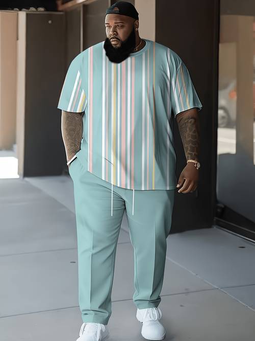 item picture mens short sleeve t shirt with a drop shoulder design casual straight leg pants large size 2pcs set hawaiian striped coconut tree print plus size