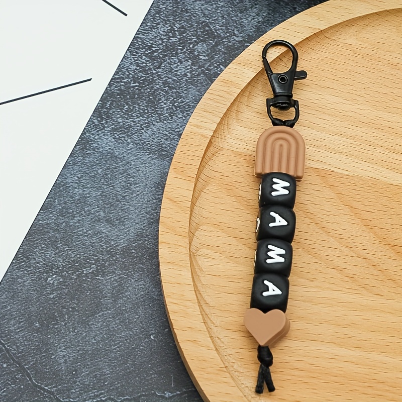 Image of A Simple Rainbow-colored Black Background Mama Letter And Heart Beaded Keychain, Bag Accessory, Anti-loss Key Accessory, Mother's Day Gift