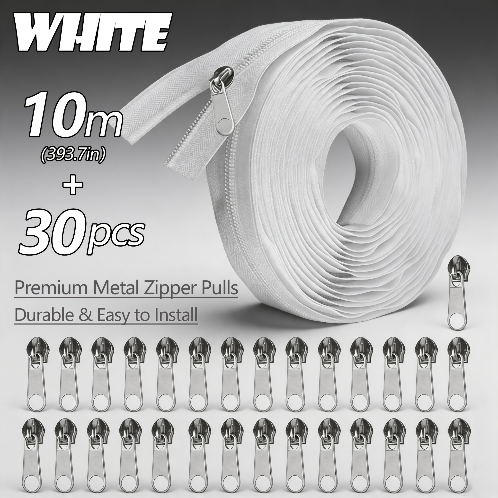 TEMU 30pcs Silvery Metal Zipper Heads And 10m Zipper Roll, Black White Zipper Tape, Sewing Zipper, Continuous Zipper Roll, For Bags, Wallets, Storage