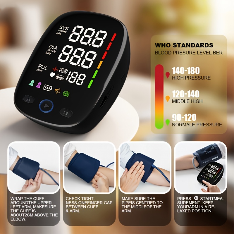 ZOOGOOL LED Upper Arm Electronic Blood Pressure Monitor, Self-Checking Cuff, Movement Error Detection, 2x120 Memory, Low Voltage Warning, for Home & Health Monitoring (4 AAA Batteries Not Included)/USB Type C