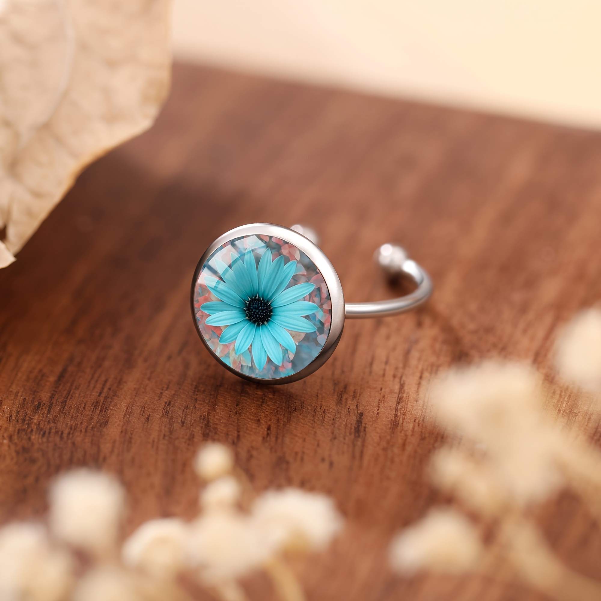 TEMU 1pc Blue Flower Chrysanthemum Stainless Steel Ring, Elegant And Men's And Women's Vacation Jewelry Ear Accessory