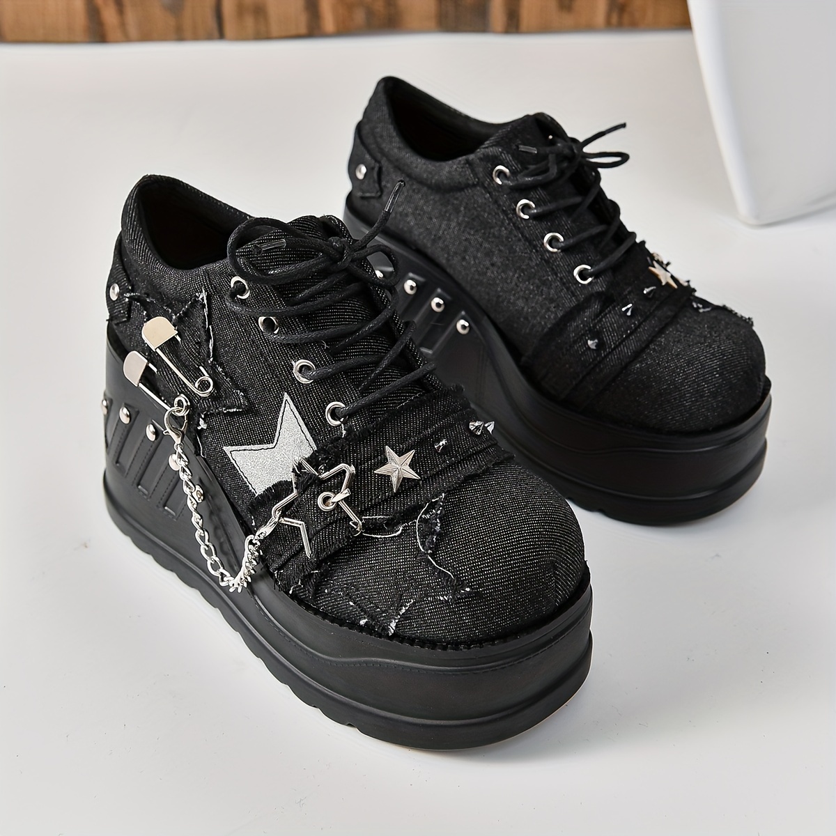 Women's Solid Color Punk Loafers, Lace Up Platform Chain Studded & Stars  Decor Stylish Shoes, Heightening Wedge Shoes