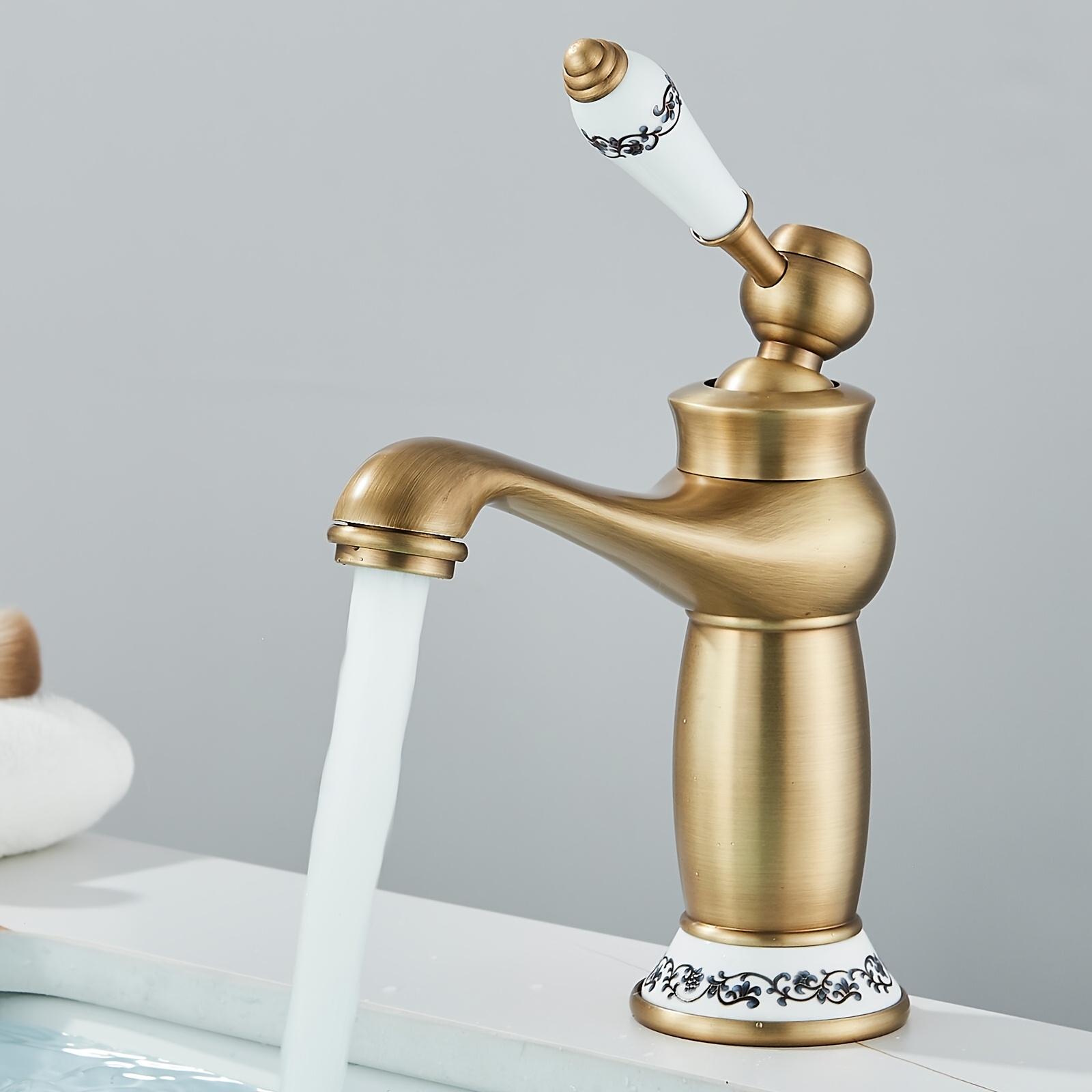 Image of Bathroom Sink Faucet Ceramic Faucet Antique Vintage Cold Hot Water Mixer Tap Replacement Kitchen Bathroom Antique Brass