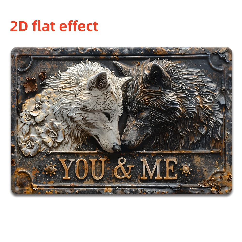 TEMU 2d Flat, 1pc Vintage Metal Iron Sign - "you & Me" Wolf Couple Wall Art, Rustic Decorative Plaque For Home, Garage, Cafe, Suitable For Man Cave,