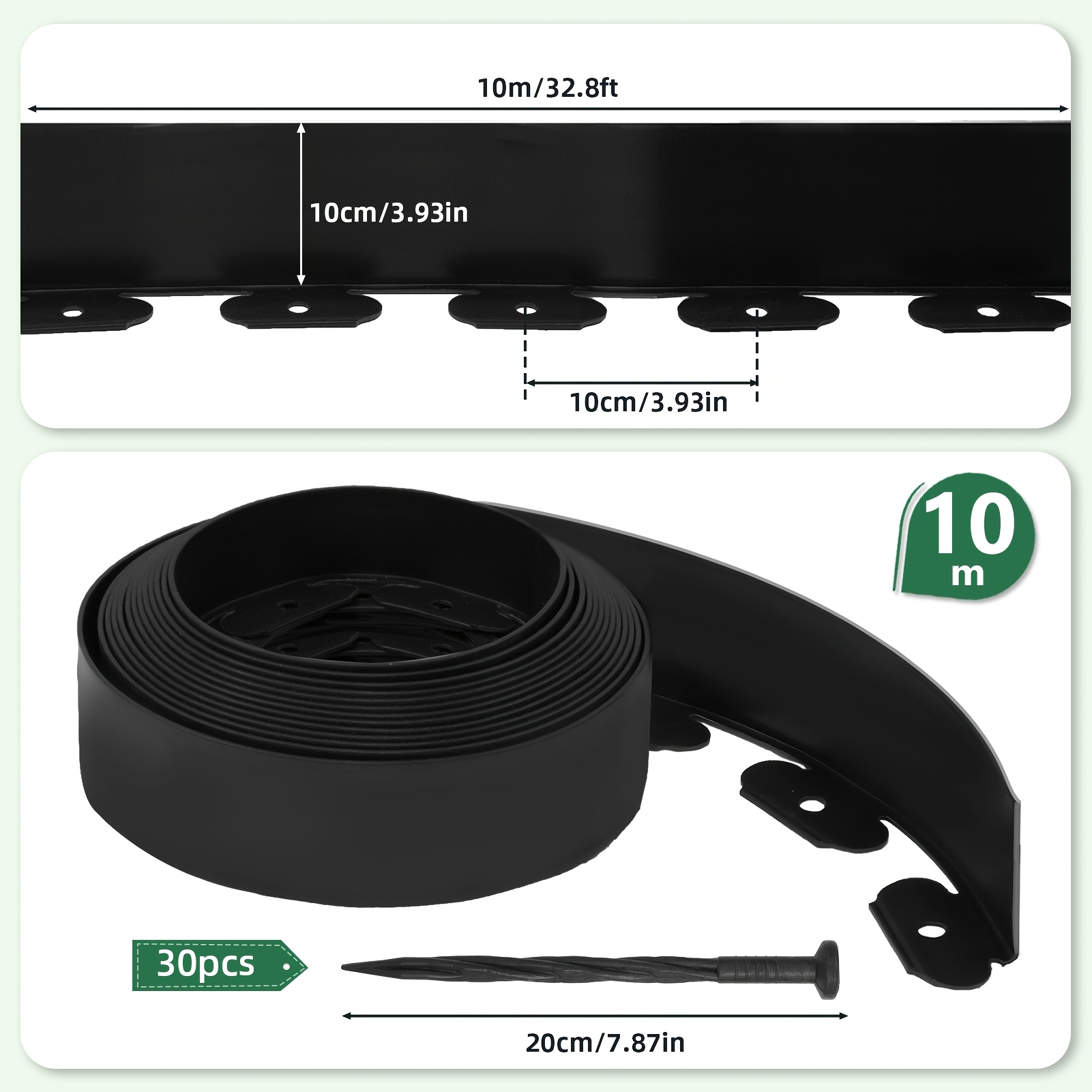 TEMU Lot de 2 Rouleaux de Bordure de Pelouse Souple 10 cm x 10 m + 30 Piquets Gratuits, Bordure de Jardin Souple, Hauteur 10 cm, Lot de Bordures de