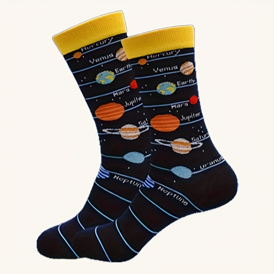 TEMU A Pair Of Women's Crew Socks Featuring A Solar System Theme. The Dark Socks Are With Planet Patterns And Elements Of The Starry Sky, Vibrant And