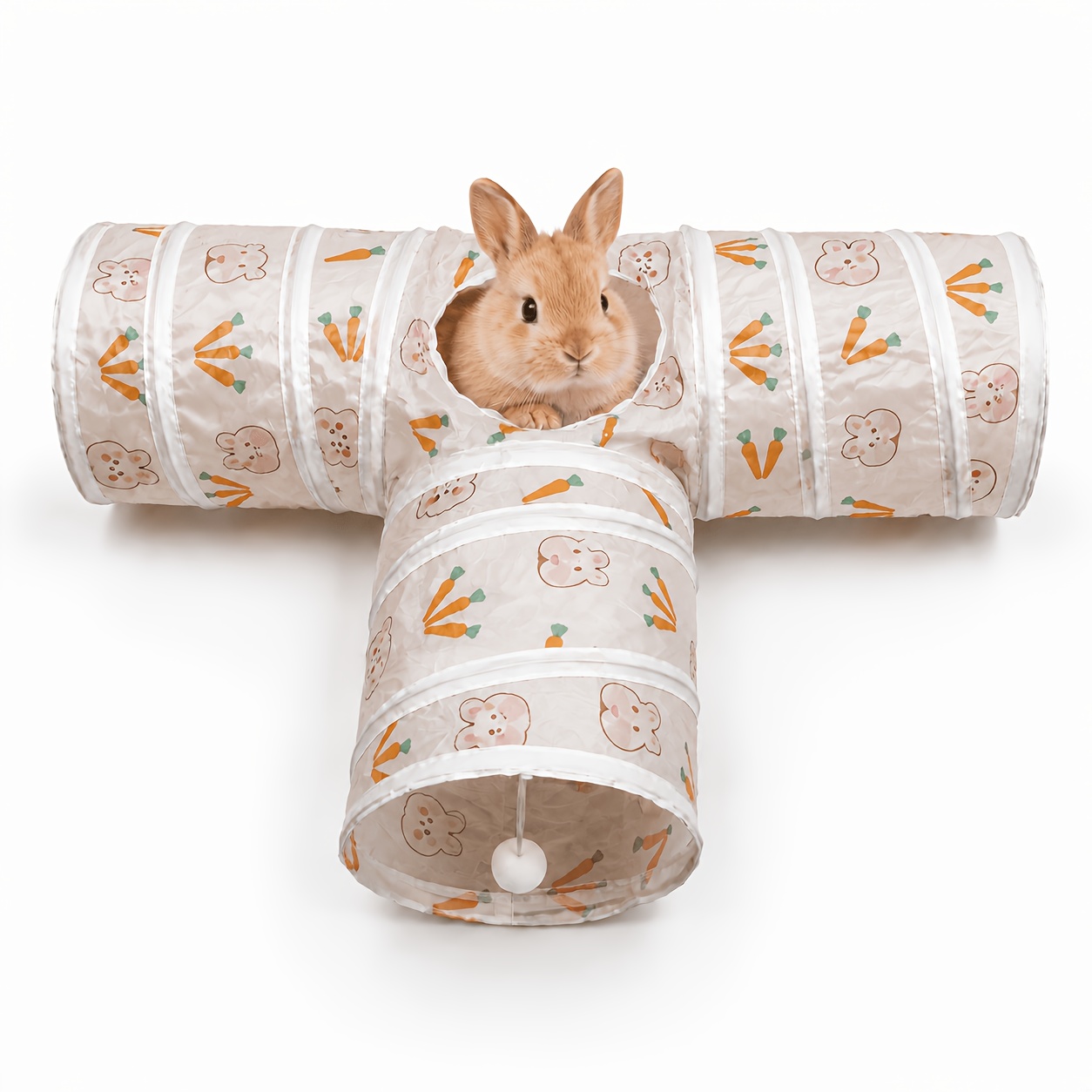 TEMU 3-way Cat Rabbit Tunnel Toy, Collapsible Bunny Play Tunnel With Hanging Ball, Cute Carrot Print Indoor Hideout Tunnel For Small Pets