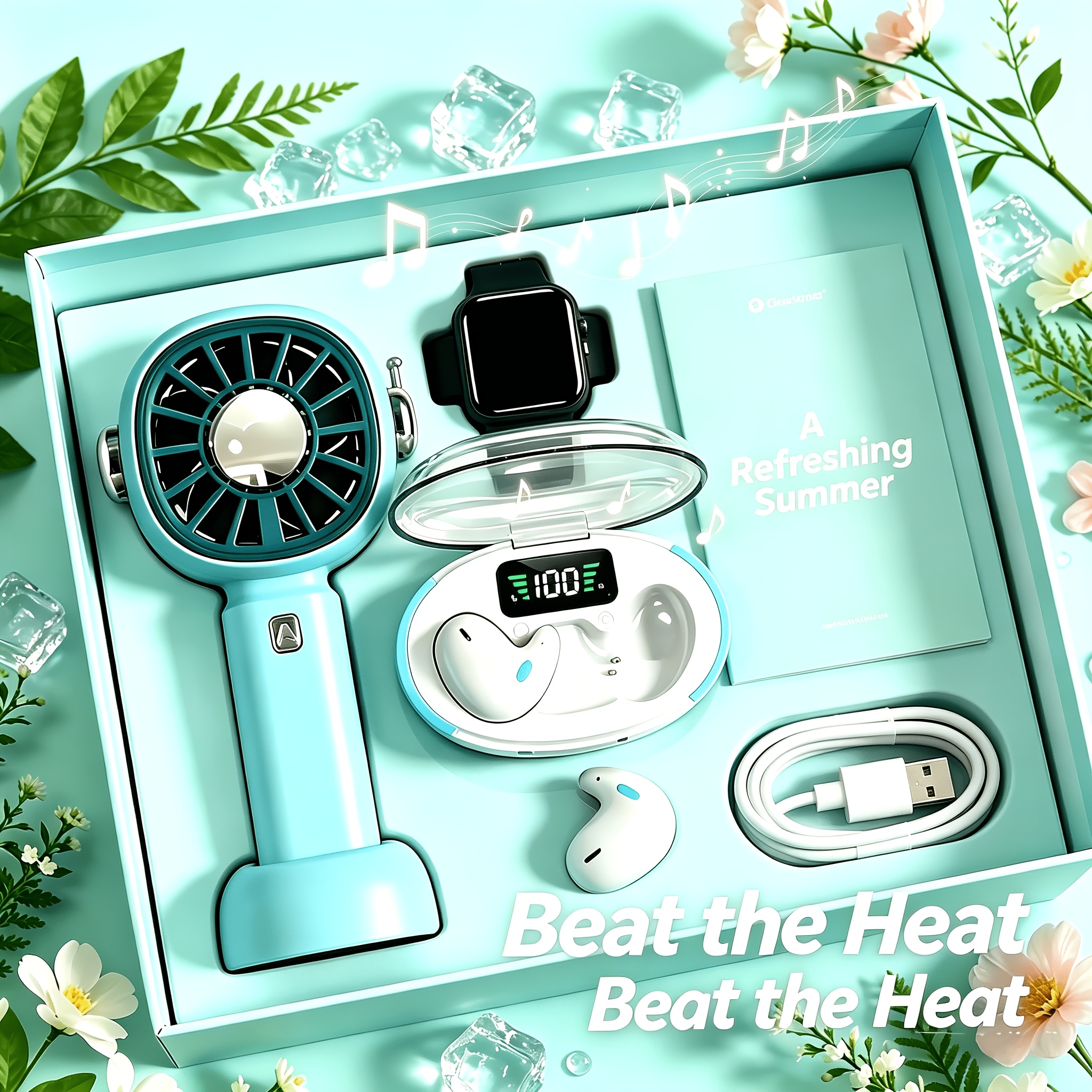 Tech Bundle: Handheld Fan + Led Display Earbuds + Smart Watch - The Perfect Gift For & , Combining Cooling Relief & Cozy Music! You're Heading Outdoors, Working , Or -watching